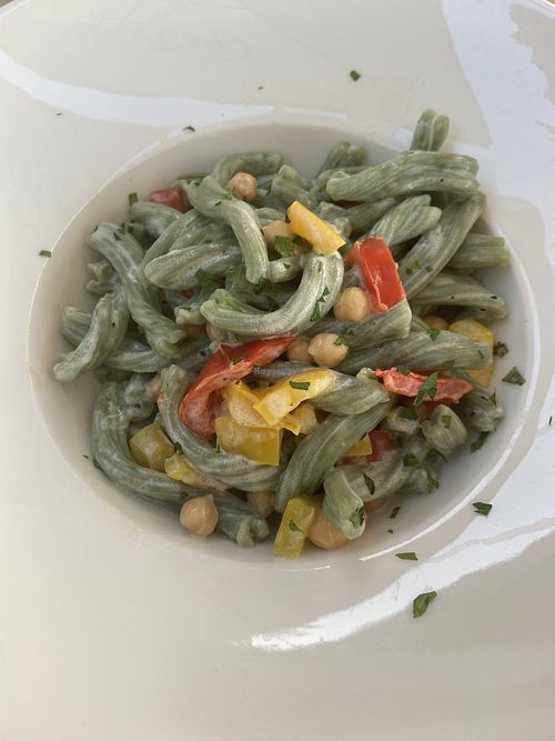 Spirulina pasta with roasted peppers and chickpeas in a coconut cream sauce. at Coogi's Restaurant in Mdina