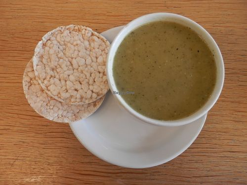 Courgette and spinach soup with rice cakes at The Garden Cafe  in Cambridge