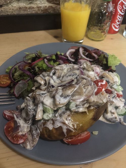 mushroom jacket potato (vegan) at Fabrik Food Factory in Brno