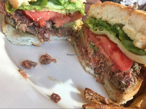 My hubby's Impossible Burger cooked medium rare at Skopelos in Pensacola