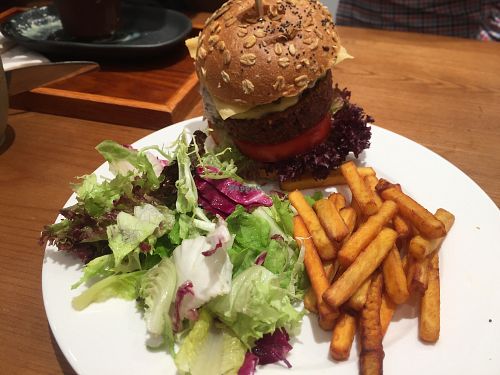 Veg Beef Burger with salad and sweet potato fries at 2DP - 2DecimalPlaces in Kowloon