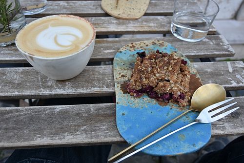 Chai latte and apple crumble with red fruits. at My Mother's Daughters  in Lisbon