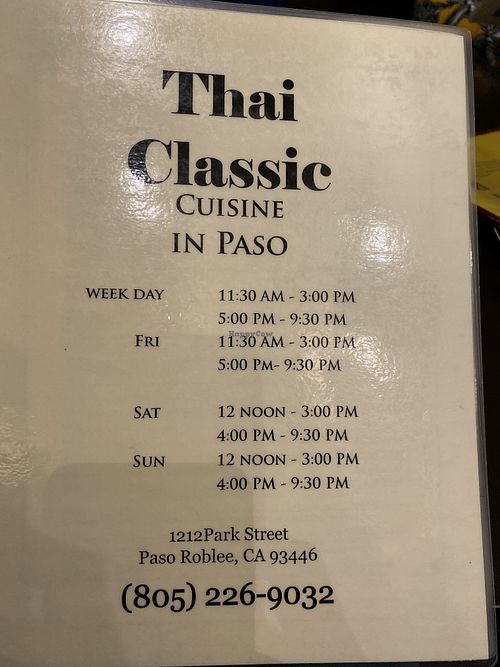 Front page of menu  at Thai Classic in Paso Robles