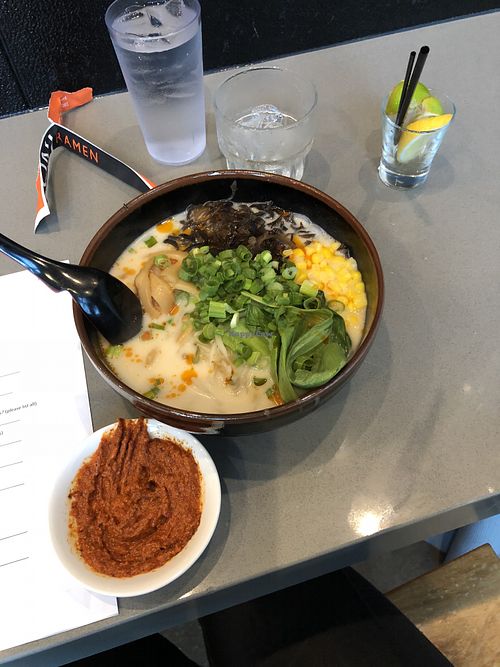 Vegan ramen with hot sauce  at Oni Ramen in Dallas