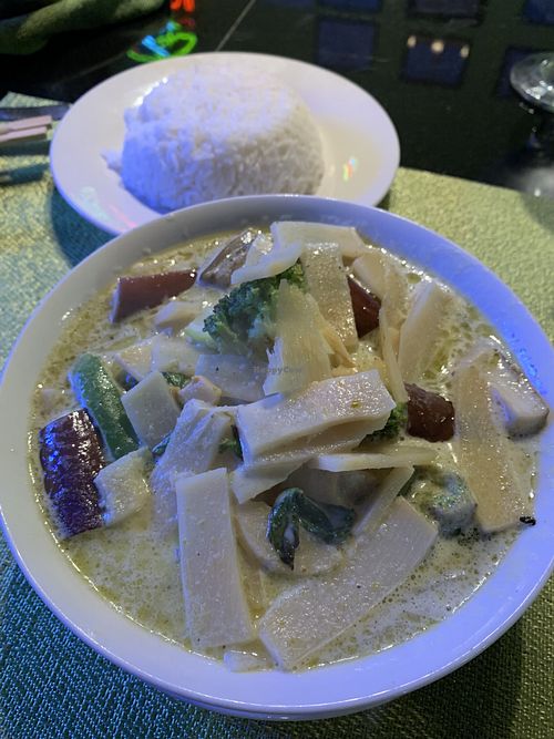 Green Curry- perhaps the best I have ever had. Additions like broccoli and tofu can be added (steamed or fried). Other restaurants can cut the coconut milk with dairy, not here! at Mint Asian Cuisine in Punta Gorda