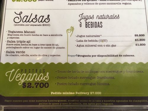menu at Manati Vegetariano in Santiago