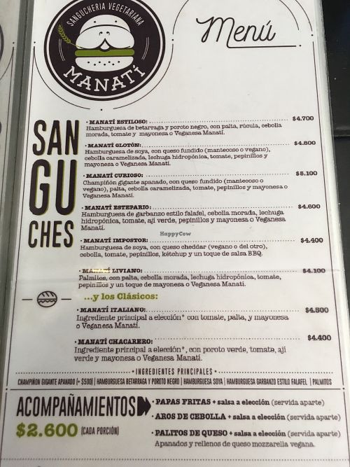 menu at Manati Vegetariano in Santiago