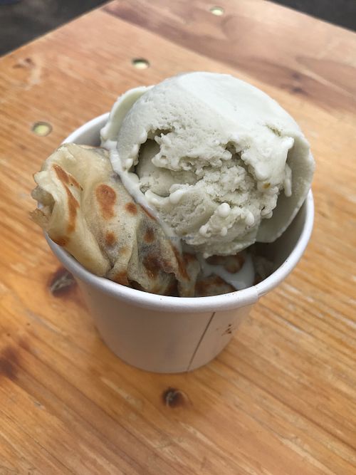 “Nutella” and banana crepe w pistachio ice cream (all vegan) at Crepe and Spoon in Minneapolis