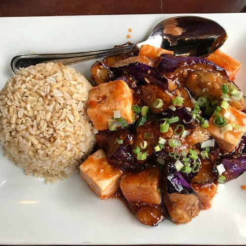Garlic eggplant with tofu & brown rice at Copper Anchor in Vineyard Haven