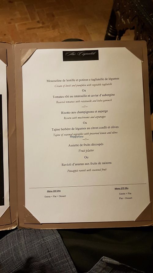 Vegan dinner menu at The Capaldi Hotel in Lalla Takerkoust