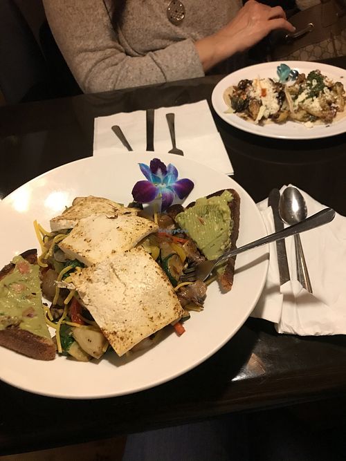 Vegan tofu vegetables with avocado toast at Park Avenue Grill in Amityville