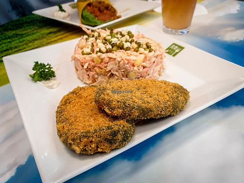 spirulina nuggets with salad at bistRAWveg - Cerny Most Shopping Centre in Prague