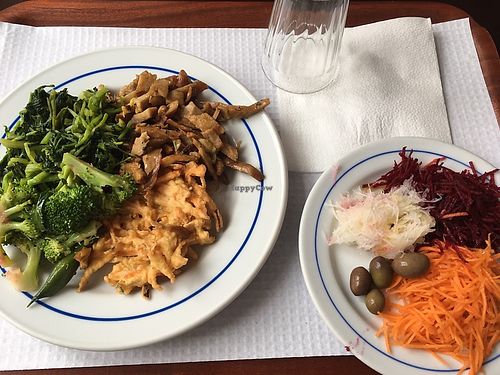 Seitan, brocoli, spinach, onion bhaji and crudités on the side at A Colmeia in Lisbon