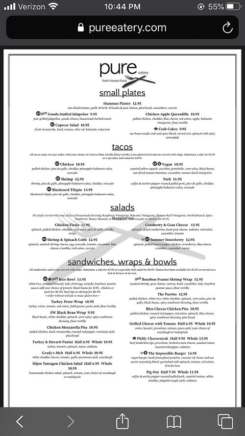 Menu at Pure Eatery in Indianapolis