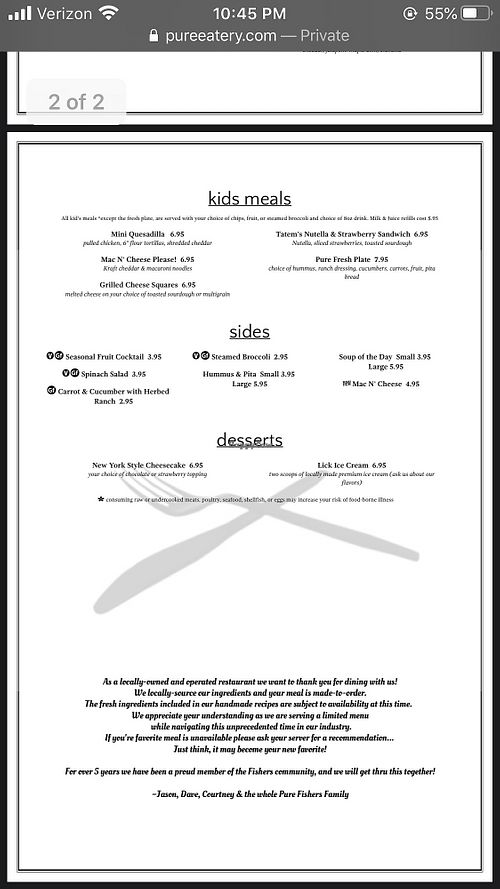 Menu at Pure Eatery in Indianapolis