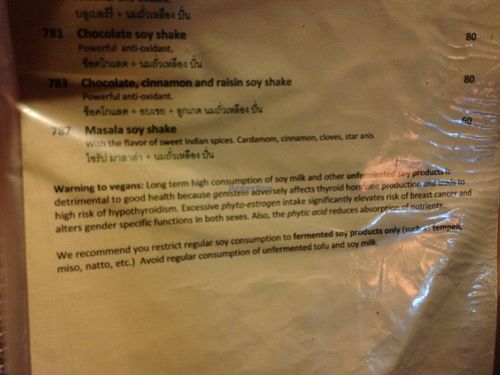 Anti-vegan pseudoscience on the desserts page at Ethos in Bangkok