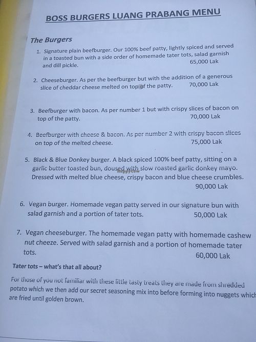 Menu Card  at Boss Burger in Luang Prabang