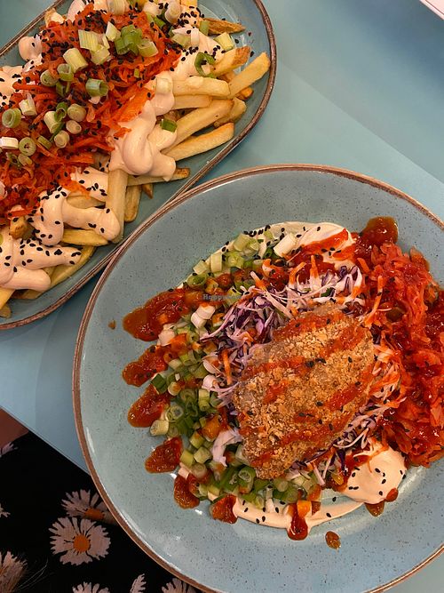 open spicy kimchi burger with loaded fried at DoppleGanger in Cambridge