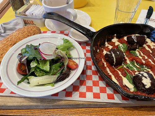 the plant-based shakshuka (falafel instead of eggs), the bread can be chosen from a wide variety at  Cafe Landwer in Vaughan