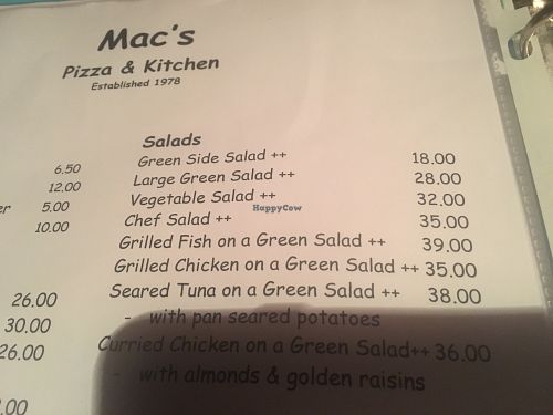 Menu 1 at Mac's Pizzeria in Port Elizabeth
