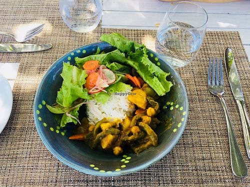 West Indian Roti (without the bread to make it gluten-free) at Cotton House Beach Cafe in Mustique