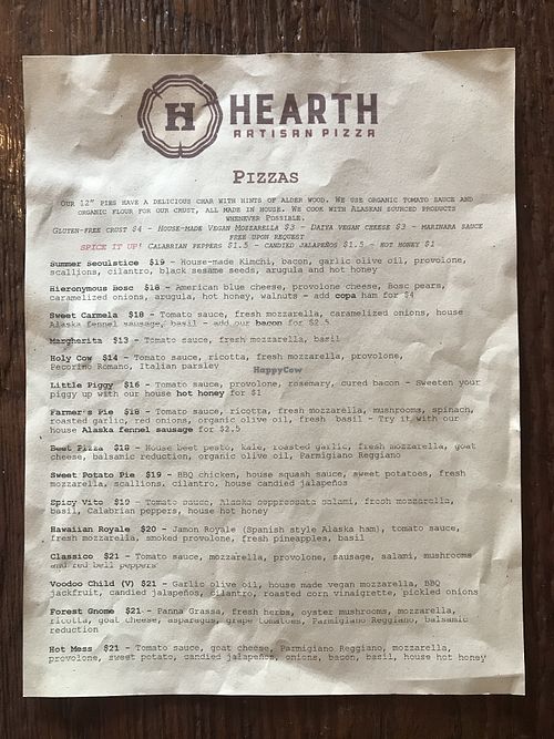 Pizza menu at Hearth Artisan Pizza in Anchorage