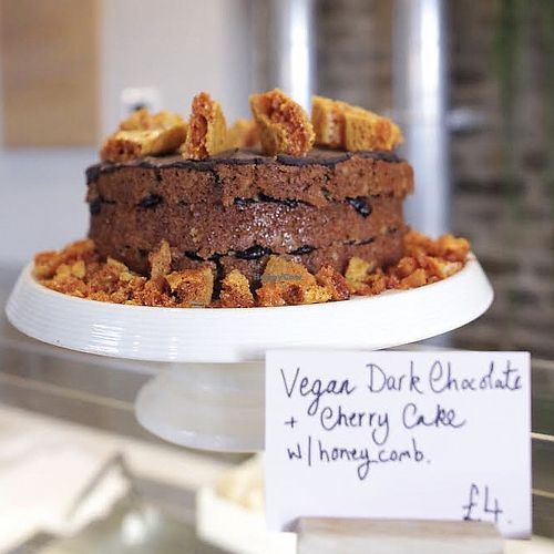 Vegan dark chocolate cherry cake with honeycomb at The Dayrooms Cafe in London