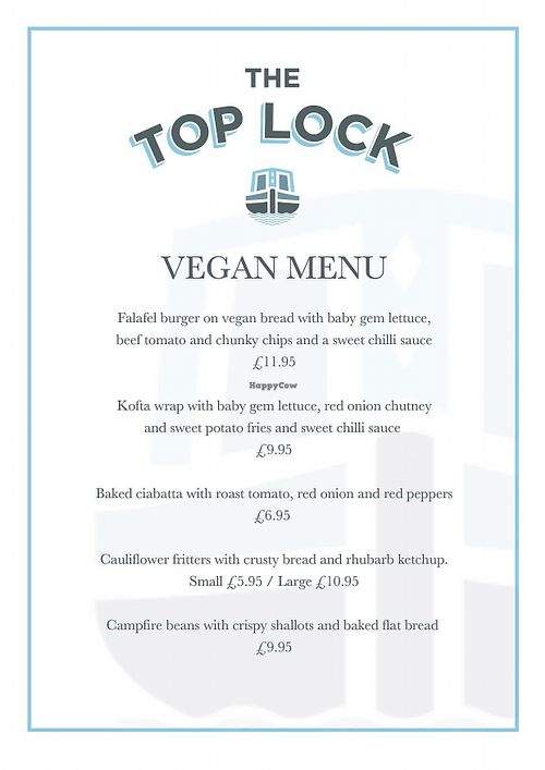 Vegan menu  at The Top Lock in Chorley