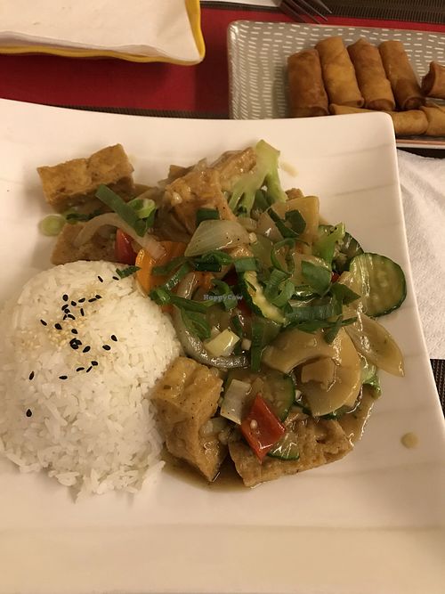 Tofu with veggies in basil sauce  at Tre Xanh in Prague