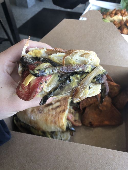 Vegan cheesesteak - portobello mushrooms and nutritional yeast cheese at Fitfuel Cafe in Canton