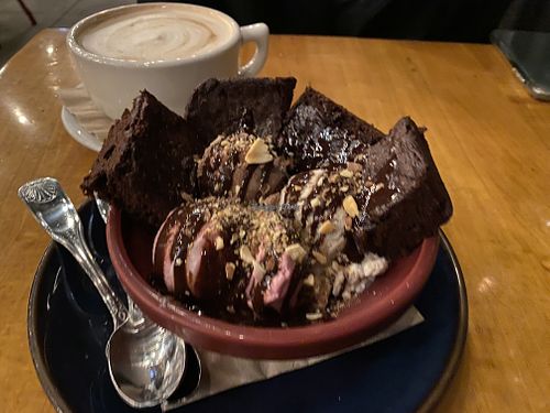 Brownie sundae and soy latte at Sage Regenerative Kitchen in Pasadena