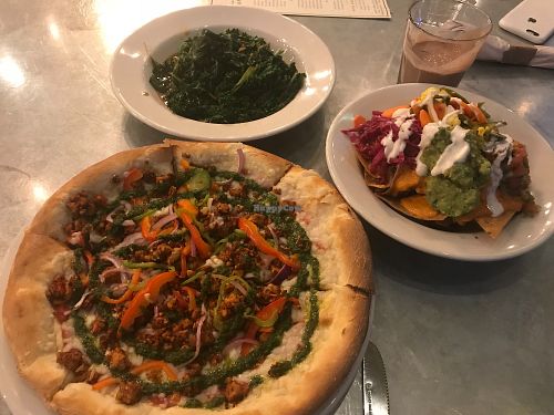 Nachos, Sauteed Kale and Pizza at Sage Regenerative Kitchen in Pasadena