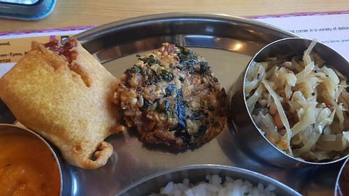 L-R - Kodamelagai Bajji, Keerai vada, Cabbage Poriyal #Veganuary at Dosa Kitchen in Newcastle Upon Tyne