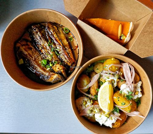 Take out: Fish & Peas / Grilled Aubergines / Cheesecake at Aujourd'hui Demain Cafe in Paris