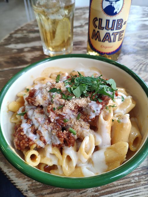 Macaroni & Cheese Chorizo at Aujourd'hui Demain Cafe in Paris