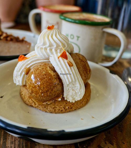 Pine nut/rosemary Saint-Honoré + Capuccino at Aujourd'hui Demain Cafe in Paris