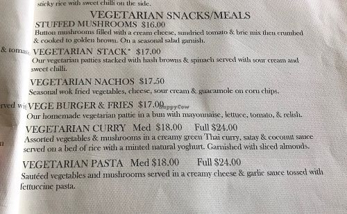 Vegetarian menu at The Olive Tree Cafe in Te Anau