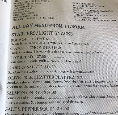 Menu with salad as a vegan option at The Olive Tree Cafe in Te Anau