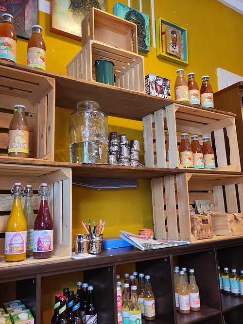 Juices & cold drinks corner at A Côté de La Plaque in Lausanne