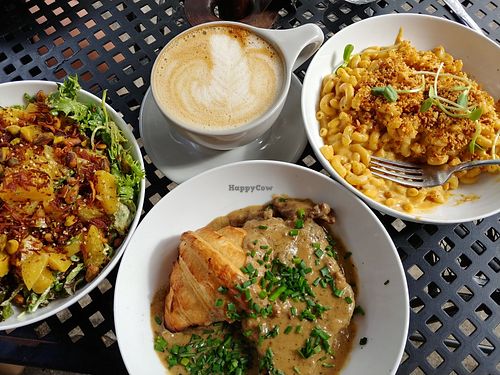 Golden beet salad, crossaint and gravy, smoky mac, vanilla bean latte at Fox & Fig in Savannah