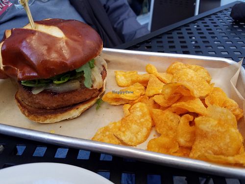The Beyond Burger comes with lovely grilled onions and very flavorful chips! at Fox & Fig in Savannah