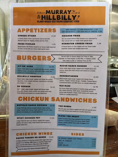 Menu at Murray Hillbilly in Jacksonville
