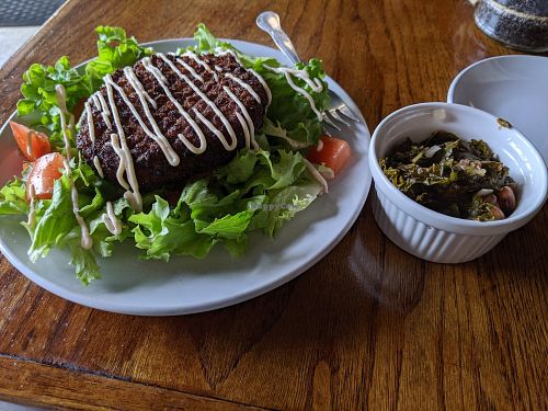 Dadgummit salad, housemade Lions mane mushroom & hearts of palm Krab cake with side of collards/kale at Murray Hillbilly in Jacksonville