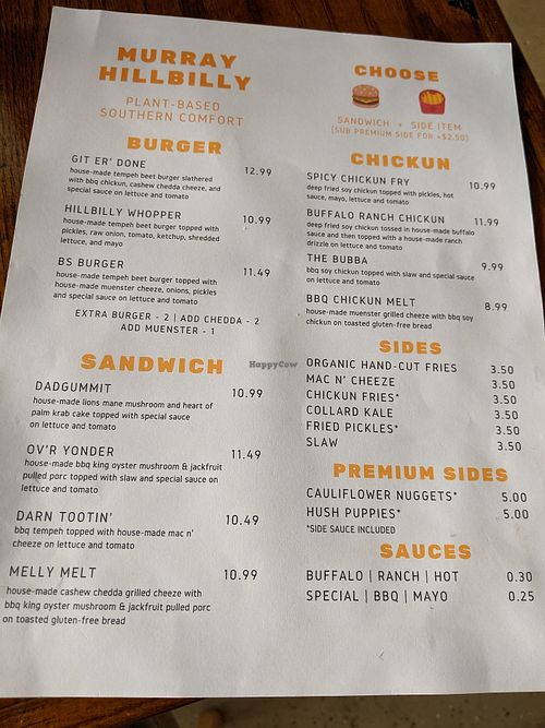 Daily menu at Murray Hillbilly in Jacksonville