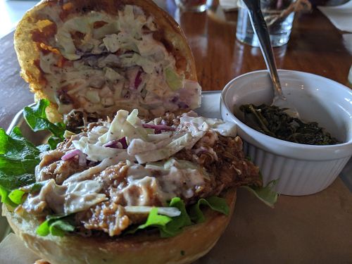 Ov'r yonder, BBQ King oyster mushrooms & jackfruit topped with slaw with side of collards/kale at Murray Hillbilly in Jacksonville
