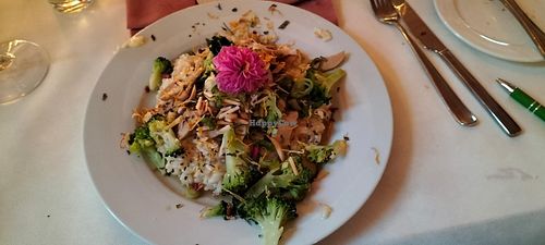 Eine der beiden Hauptspeisenoptionen: Risotto mit Pilzragout, Brokkoli und gerösteten Mandeln at Alex Kitchen in Heide