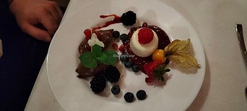 Dessert: Variation von Panna Cotta auf einem Himbeerspiegel, Mousee au chocolat und frischem Obst at Alex Kitchen in Heide