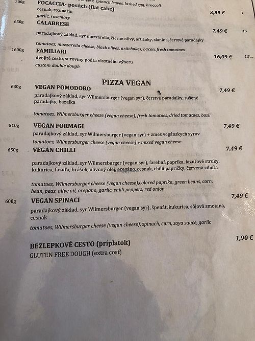 Menu at Via Grande in Martin