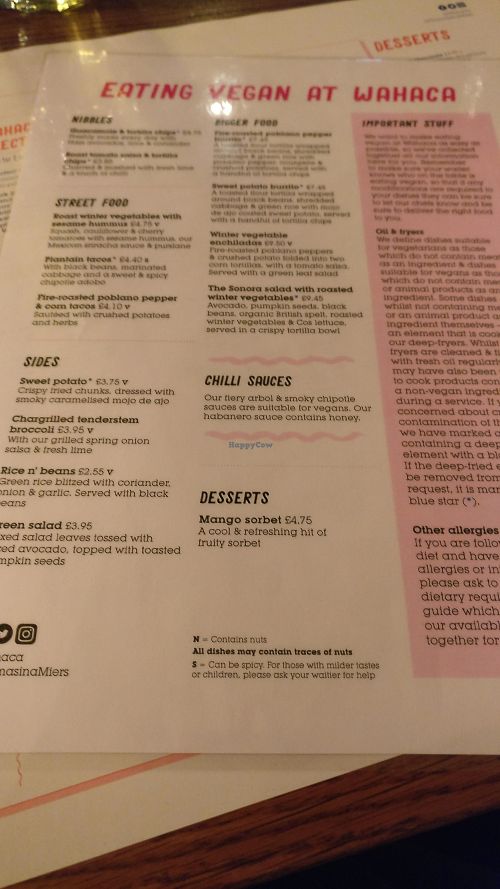 Vegan menu at Wahaca - Waterloo in South East London