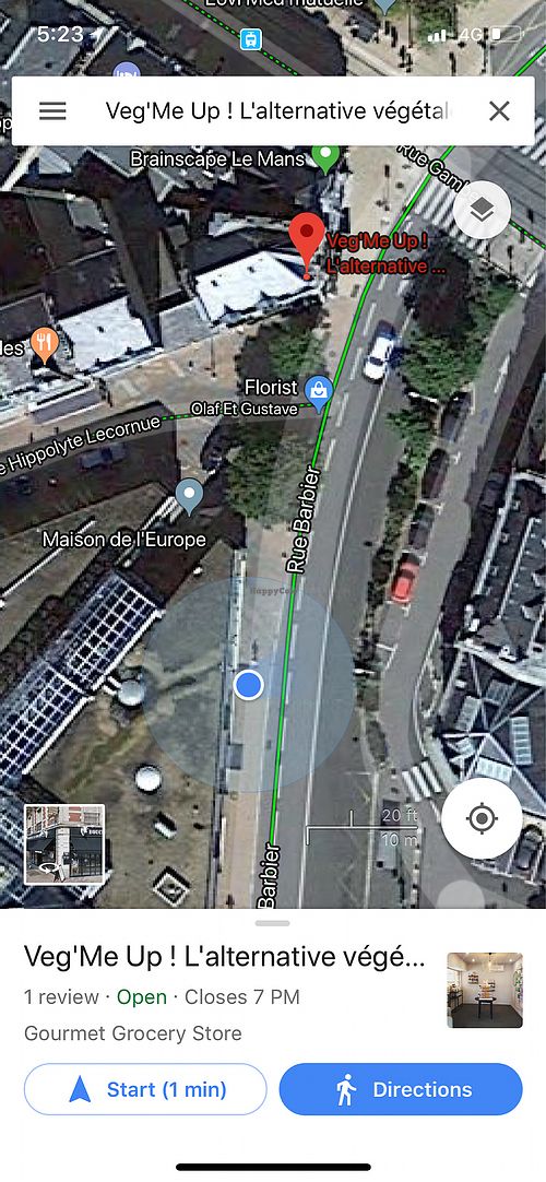 It’s NOT where Google Maps and Happy Cow say it is, but at the blue satellite dot on the photo at Veg'Me Up in Le Mans